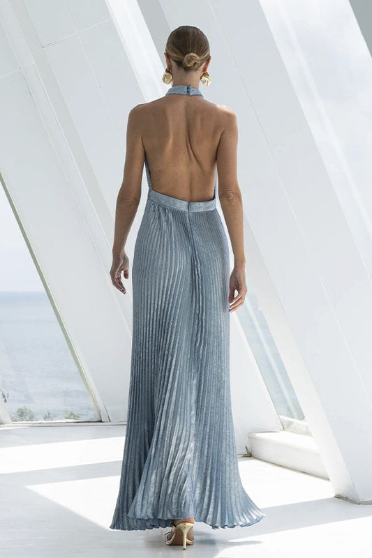 Vestido Polar Largo Plisado Azul