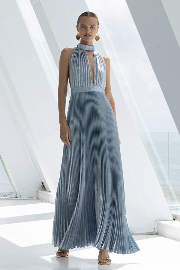 Vestido Polar Largo Plisado Azul