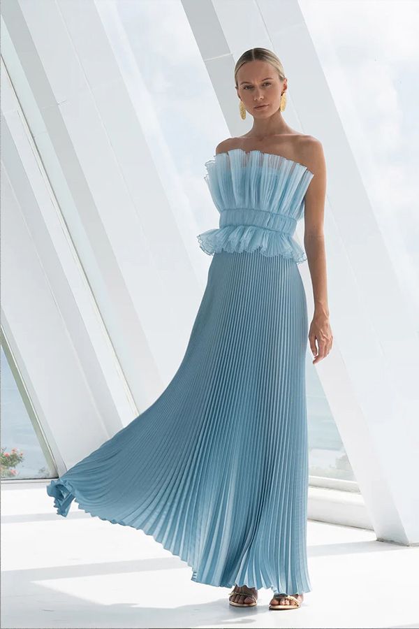 Vestido Masquerade Largo Plisado Azul