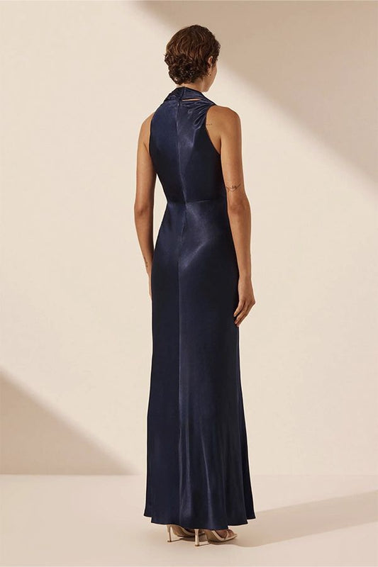 Vestido Largo con Pañuelo Azul Noche