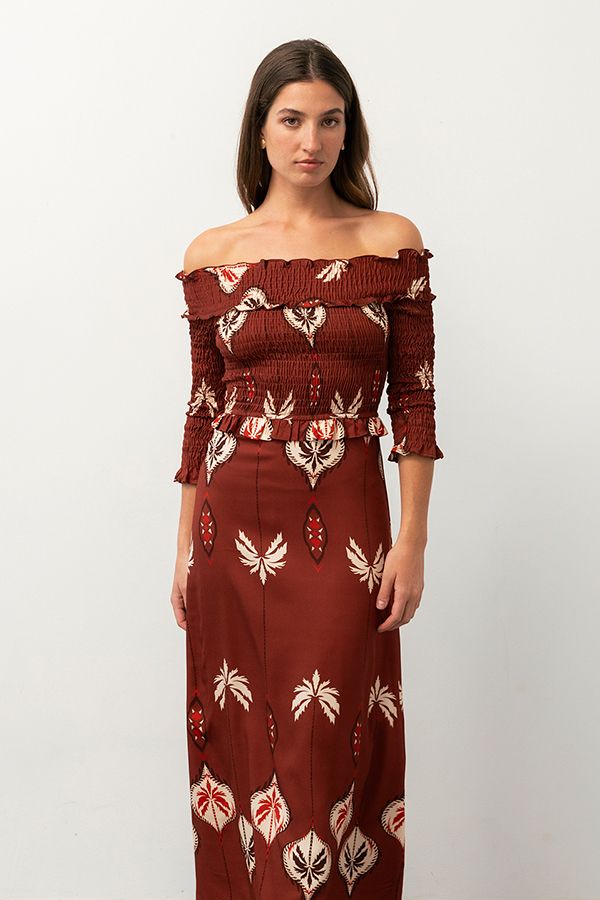 Vestido Burgogne Estampado Terracota