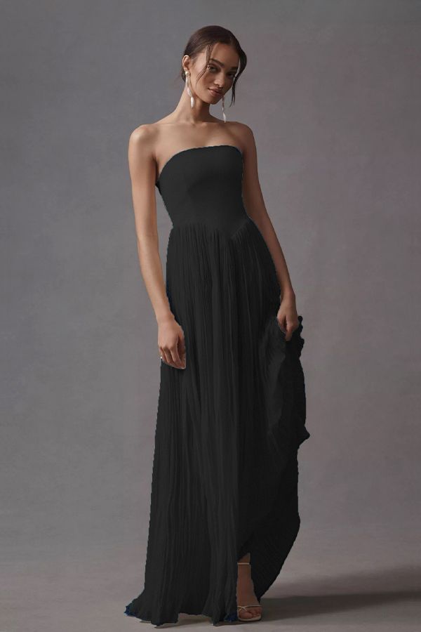 Vestido Lourdes Largo Negro Plisado