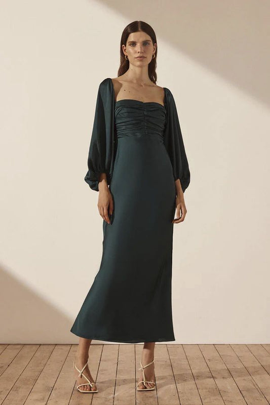 Vestido Midi de Manga Larga Verde Esmeralda