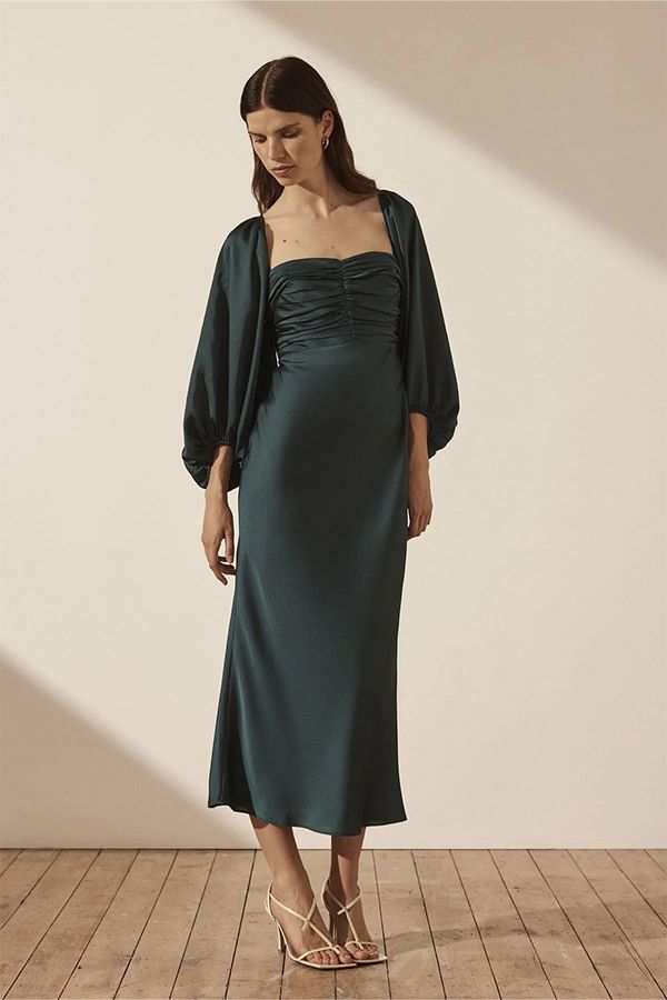 Vestido Midi de Manga Larga Verde Esmeralda
