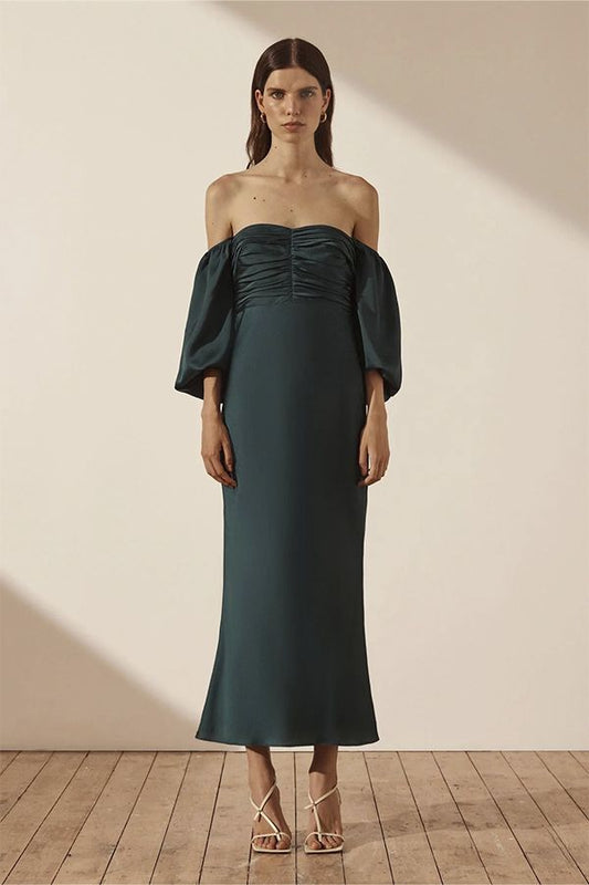 Vestido Midi de Manga Larga Verde Esmeralda