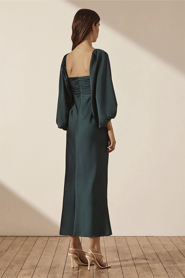 Vestido Midi de Manga Larga Verde Esmeralda