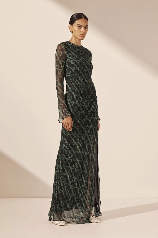 Vestido Remi Largo Fruncido Manga Larga