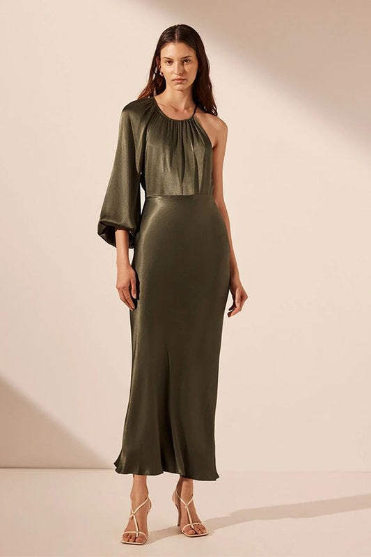 Vestido Midi Manga Globo Verde Bosque