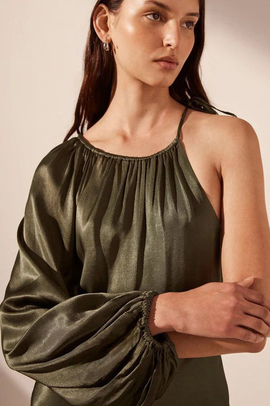 Vestido Midi Manga Globo Verde Bosque