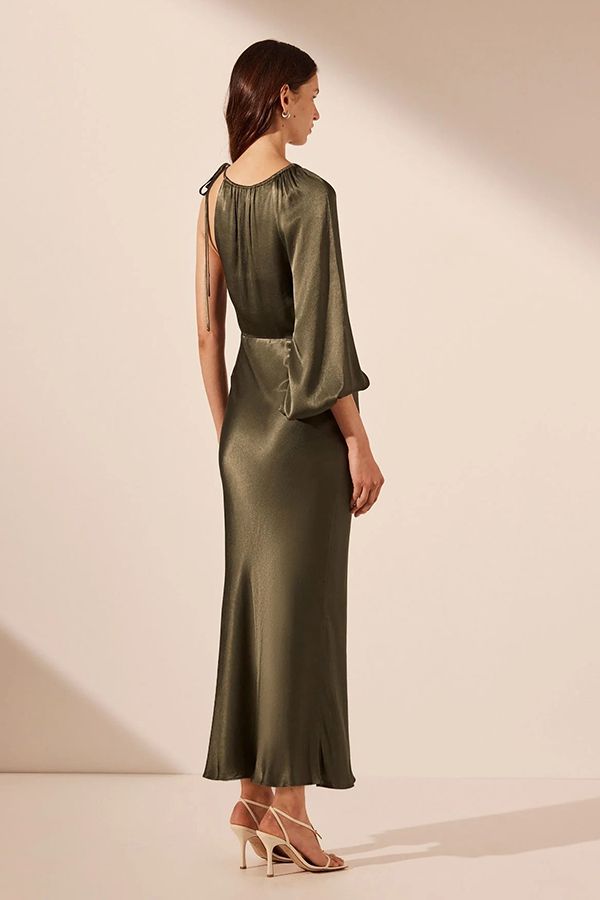 Vestido Midi Manga Globo Verde Bosque