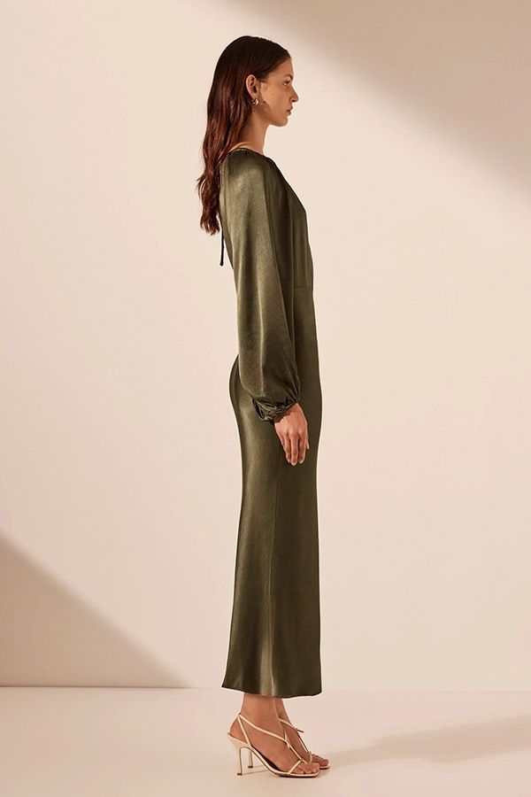 Vestido Midi Manga Globo Verde Bosque