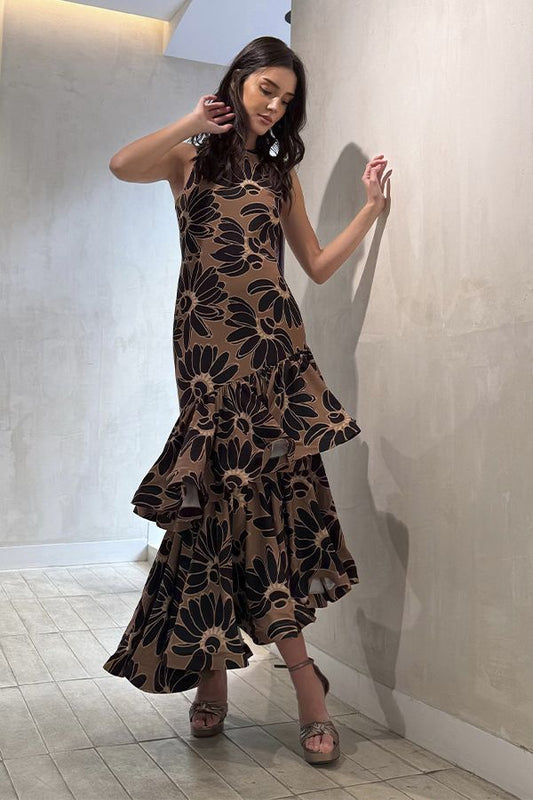 Vestido Costanera Midi Estampado Volantes