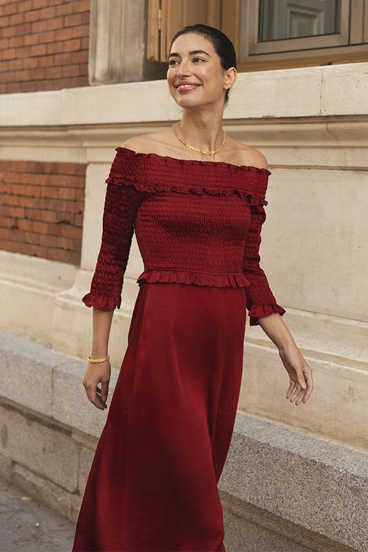 Vestido Moulin Bardot Plisado Rojo