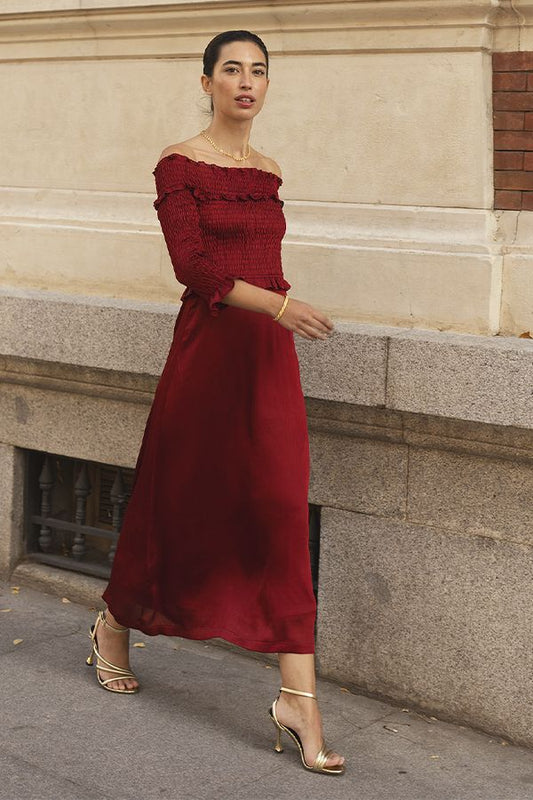 Vestido Moulin Bardot Plisado Rojo