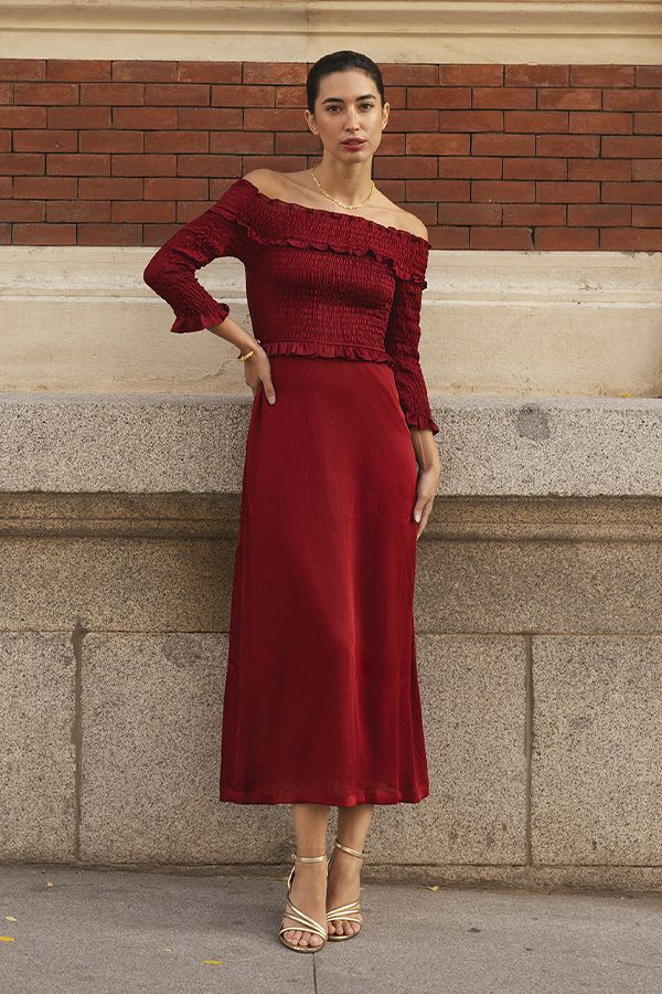 Vestido Moulin Bardot Plisado Rojo