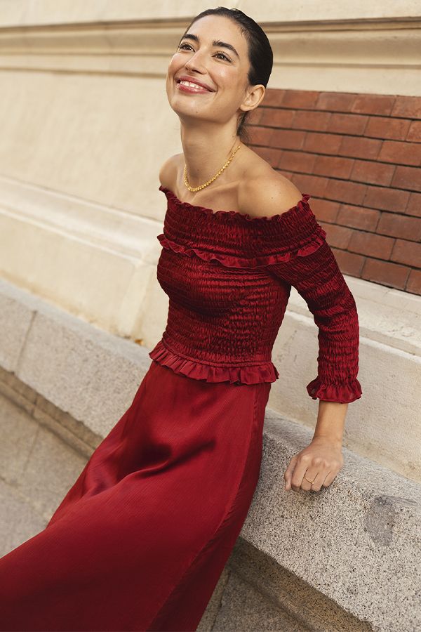 Vestido Moulin Bardot Plisado Rojo