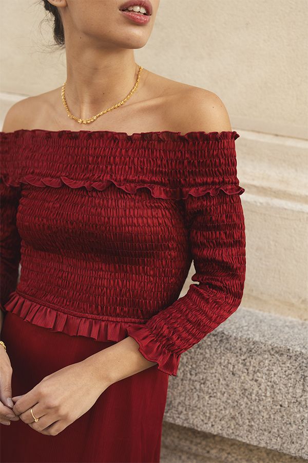 Vestido Moulin Bardot Plisado Rojo