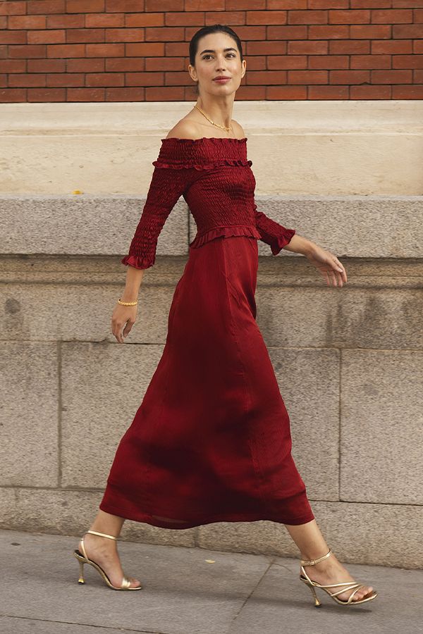 Vestido Moulin Bardot Plisado Rojo