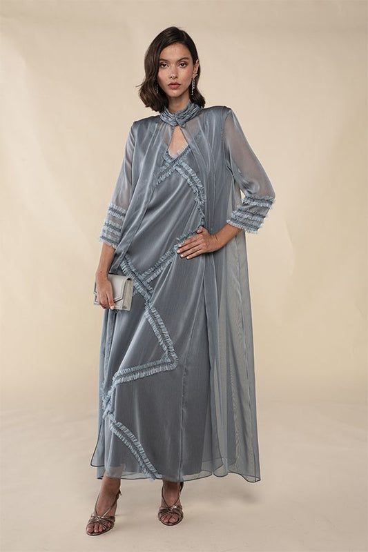 Vestido Mara Largo Azul Plomo con Chaleco