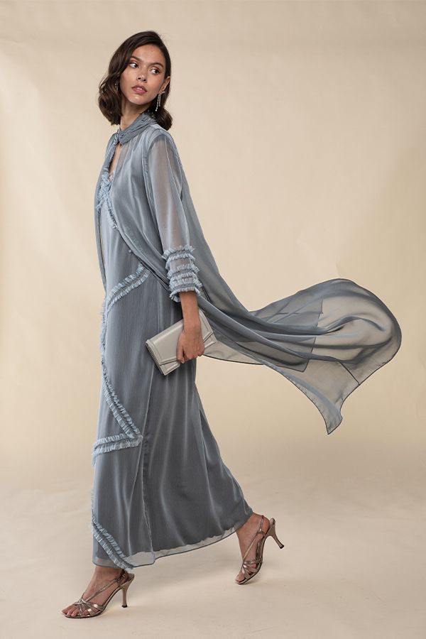 Vestido Mara Largo Azul Plomo con Chaleco