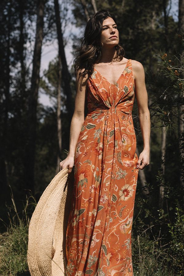 Vestido Helios Largo Naranja con Flores