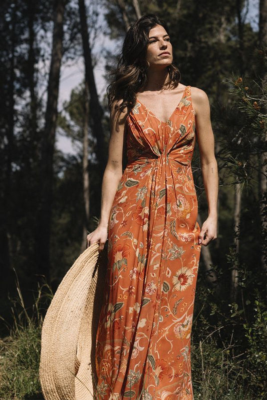 Vestido Helios Largo Naranja con Flores