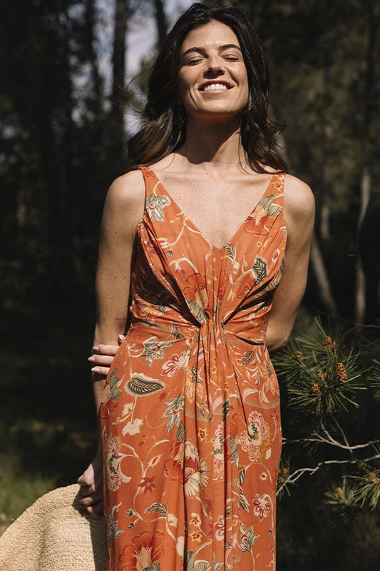 Vestido Helios Largo Naranja con Flores
