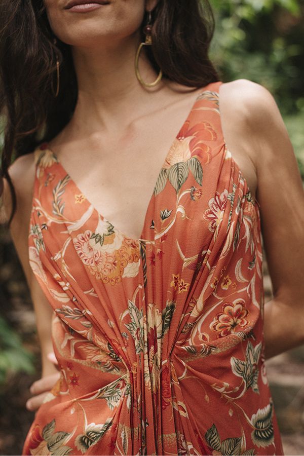 Vestido Helios Largo Naranja con Flores