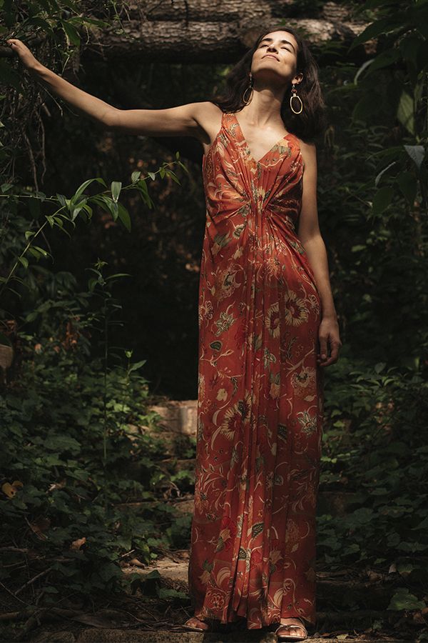 Vestido Helios Largo Naranja con Flores