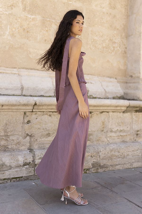 Vestido Lino Malva Plisado