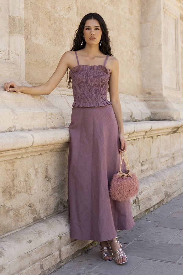 Vestido Lino Malva Plisado