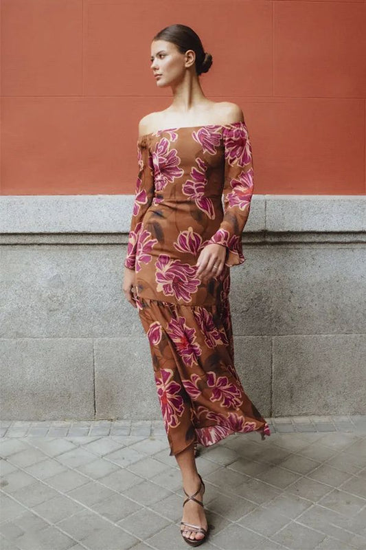 Vestido Kyoto Midi Estampado Chocolate