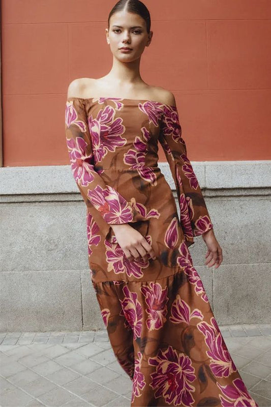 Vestido Kyoto Midi Estampado Chocolate