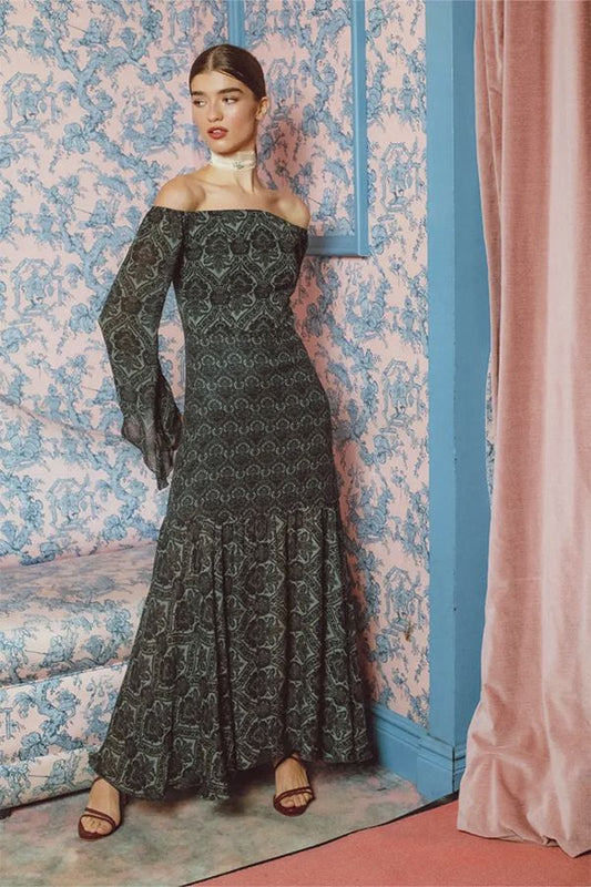 Vestido Kyoto Midi Estampado Celadon