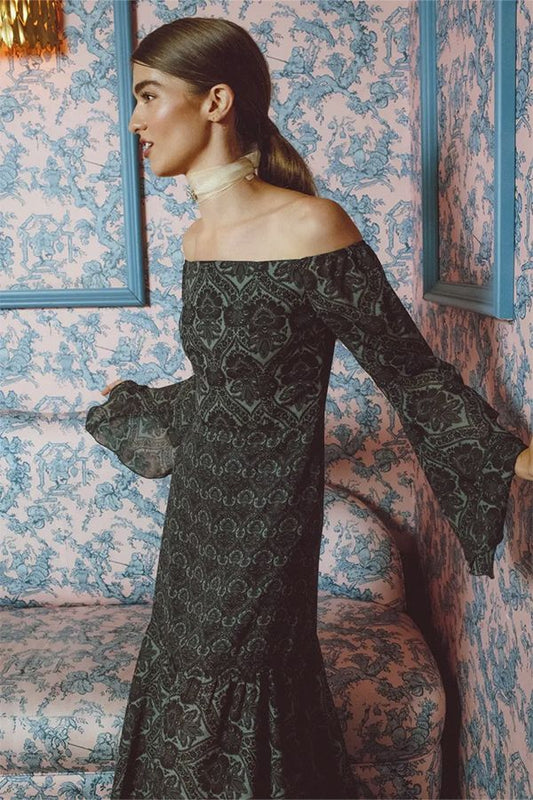 Vestido Kyoto Midi Estampado Celadon
