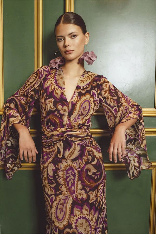 Vestido Mulan Midi Estampado Berenjena