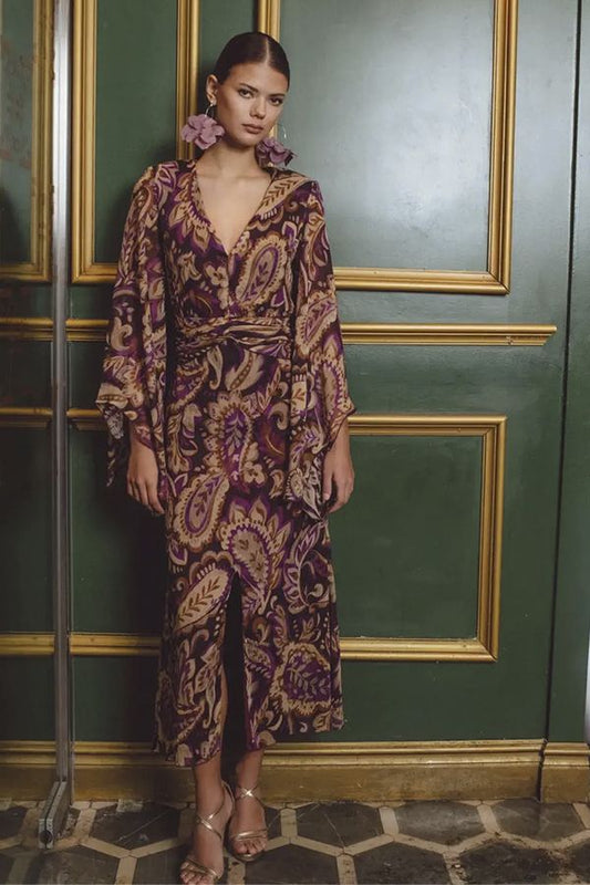 Vestido Mulan Midi Estampado Berenjena