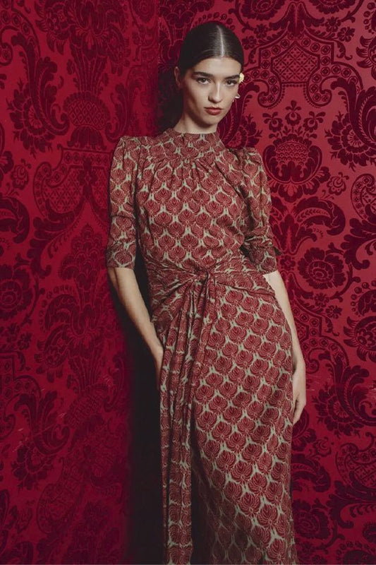 Vestido Samurai Hojas Midi Estampado Verde y Teja
