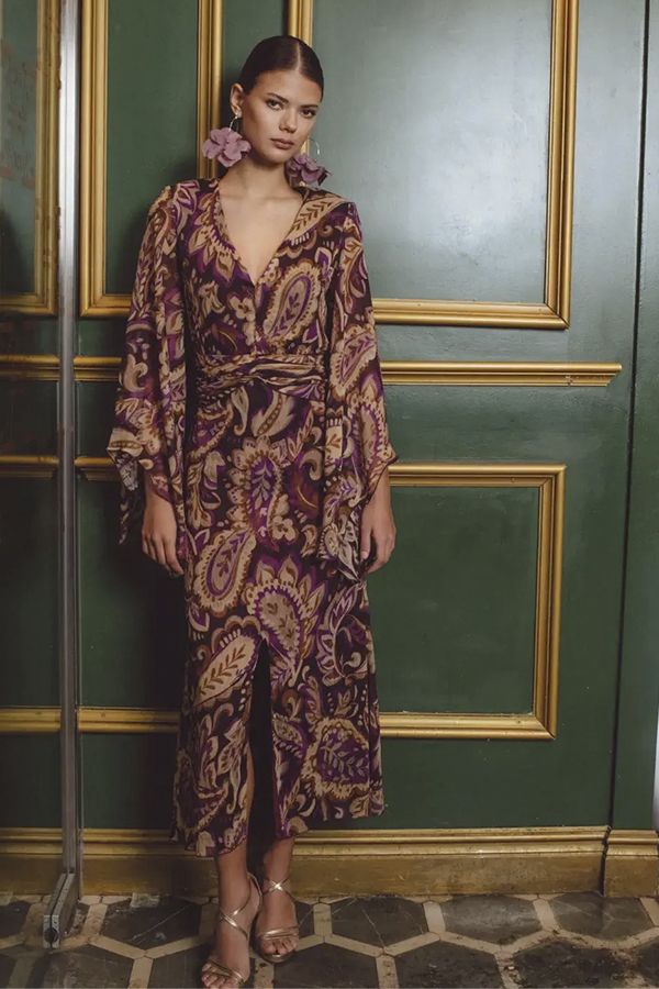 Vestido Mulan Midi Estampado Berenjena