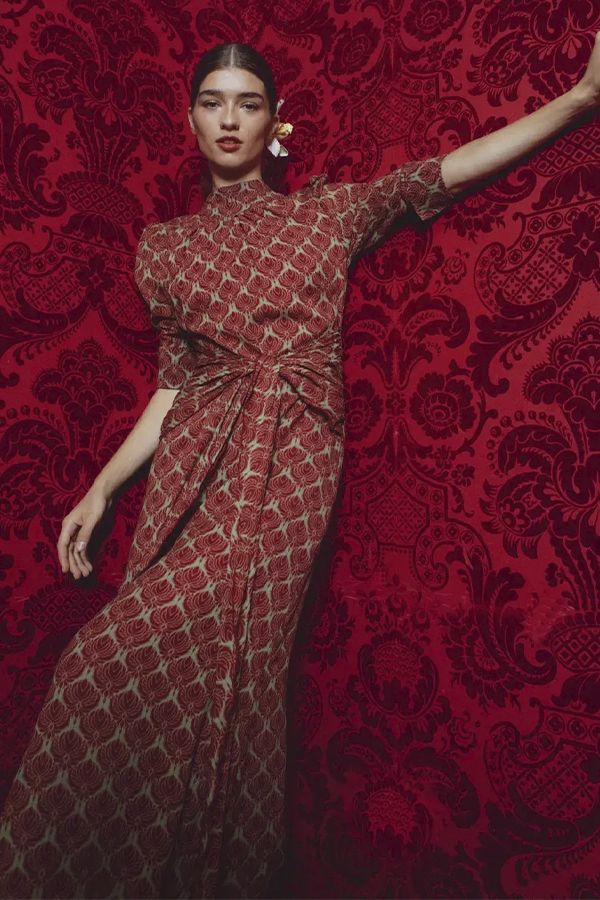 Vestido Samurai Hojas Midi Estampado Verde y Teja