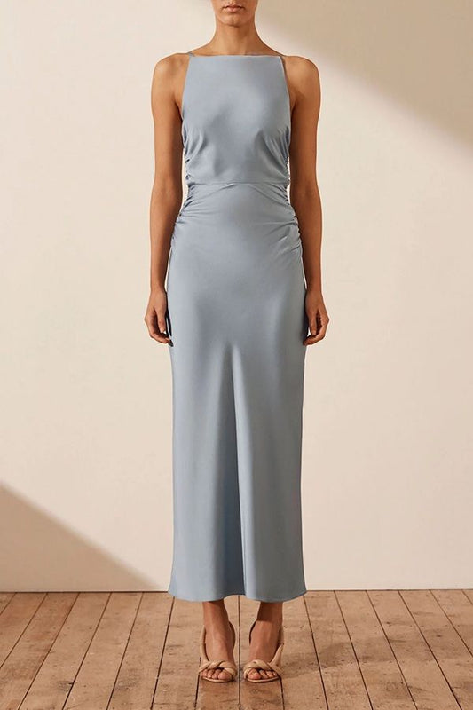 Vestido Midi Fruncido Azul