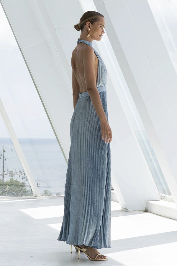 Vestido Polar Largo Plisado Azul