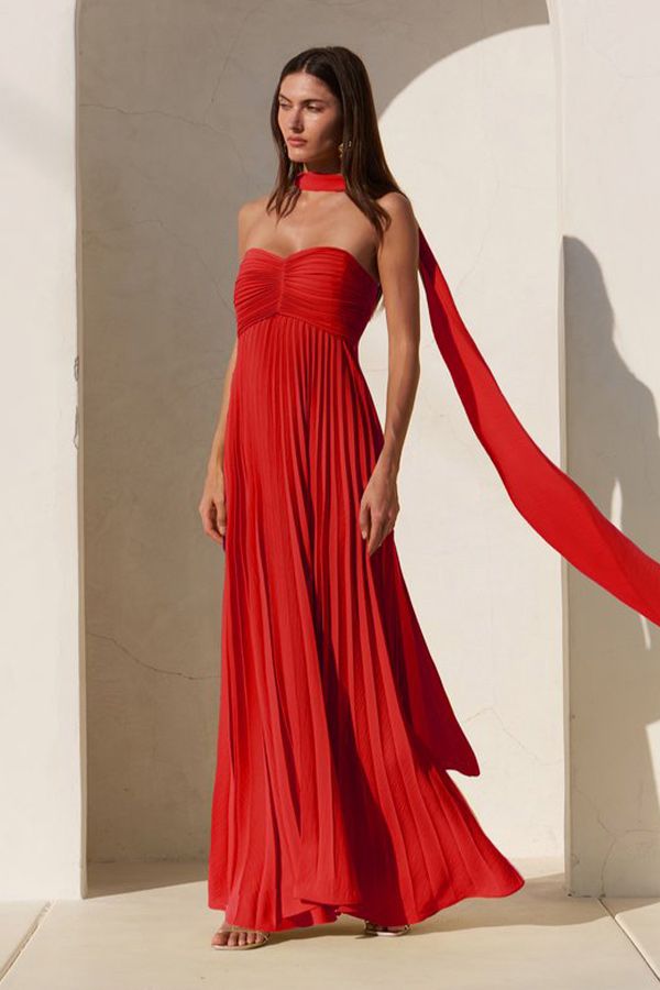 Vestido Daphne Largo Plisado Rojo