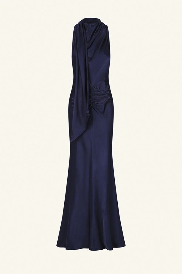 Vestido Largo con Pañuelo Azul Noche