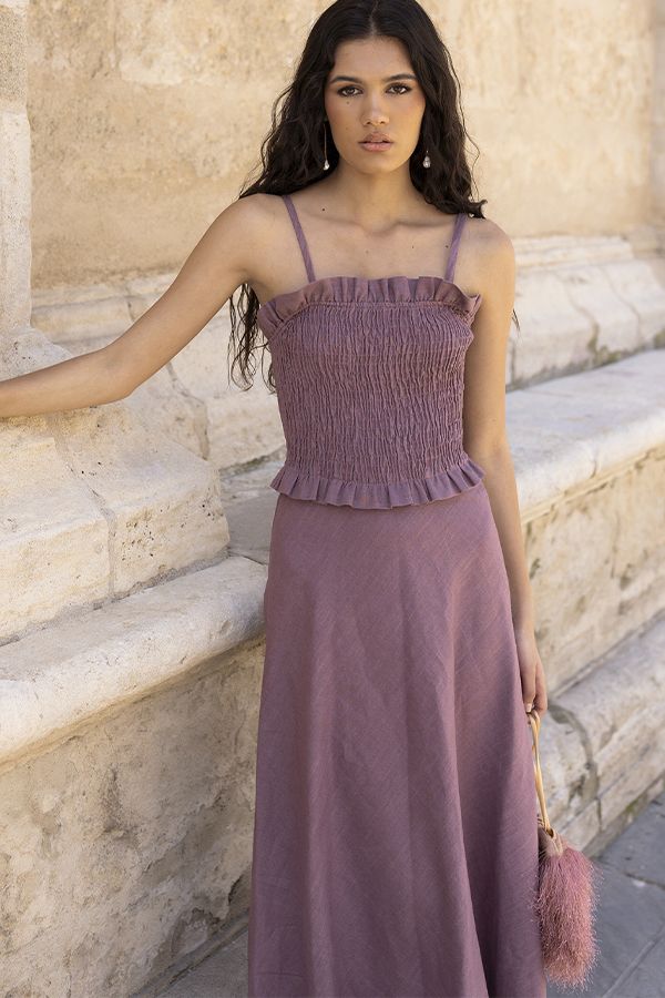 Vestido Lino Malva Plisado