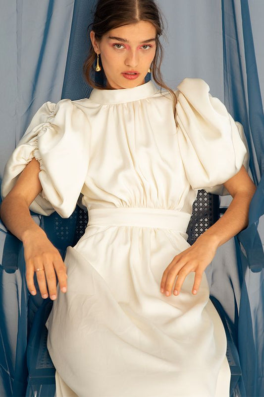 Vestido Noon Mangas Abullonadas Blanco Novia