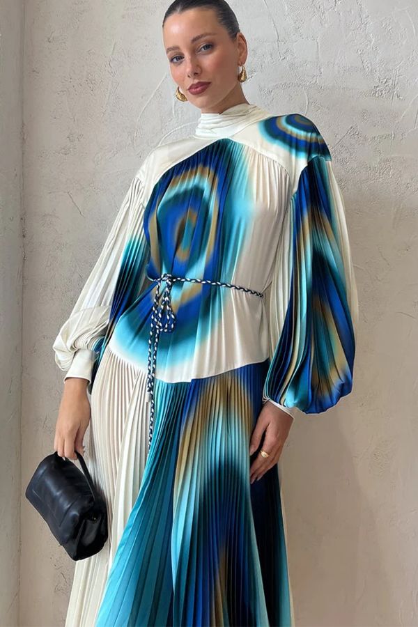 Vestido Una Midi Plisado Estampado Perla