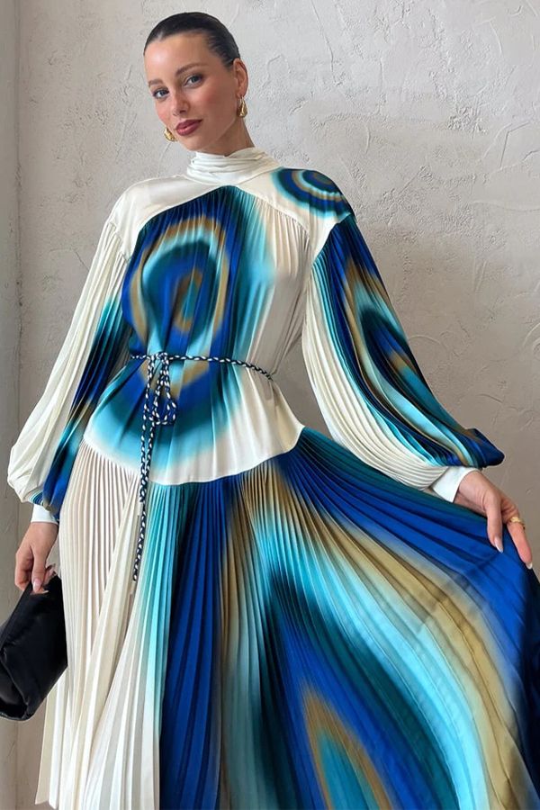 Vestido Una Midi Plisado Estampado Perla