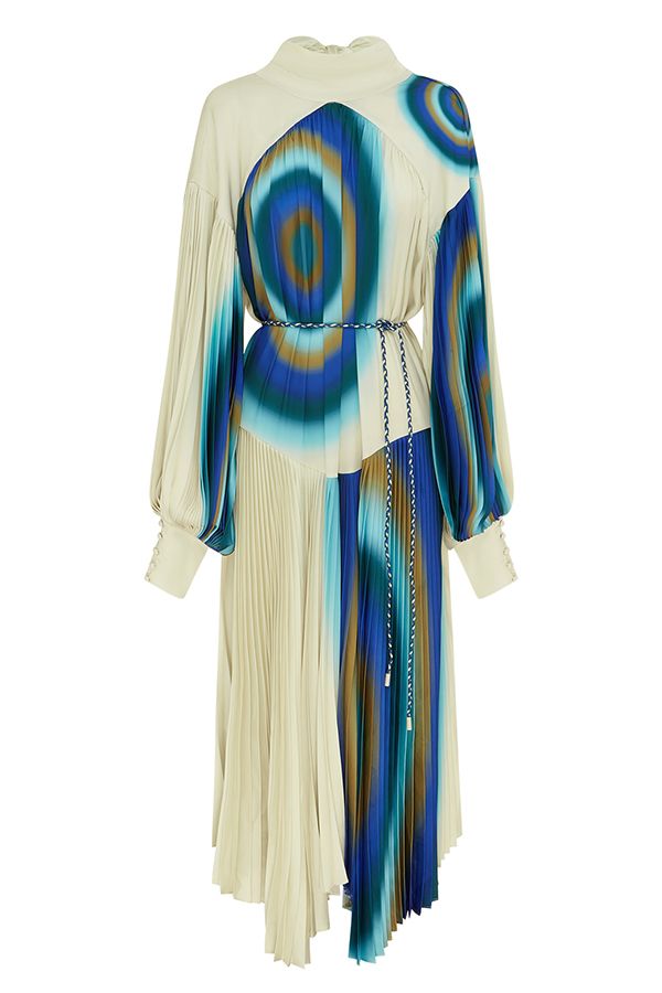 Vestido Una Midi Plisado Estampado Perla